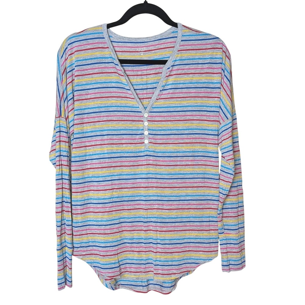 Love by‎ Gap Multicolor Striped Henley Long Sleeve Top Sz M Y2K Rainbow Retro